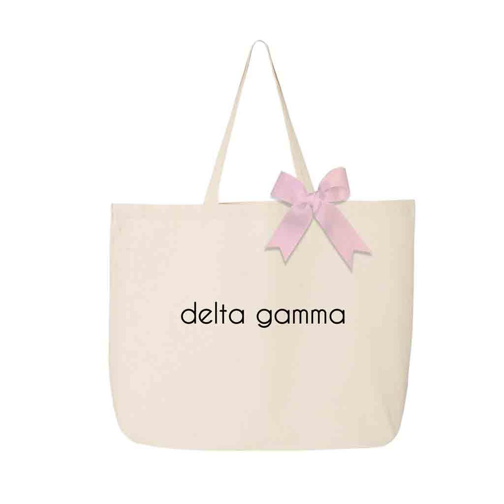 Delta Gamma sorority custom printed on canvas tote bag with bow in sorority color
