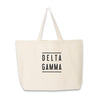 Delta Gamma sorority name digitally printed on canvas tote bag.
