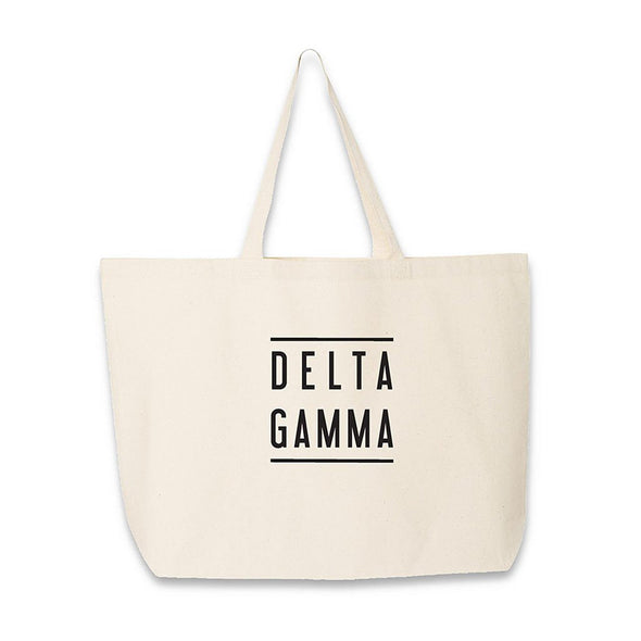 Delta Gamma sorority name digitally printed on canvas tote bag.