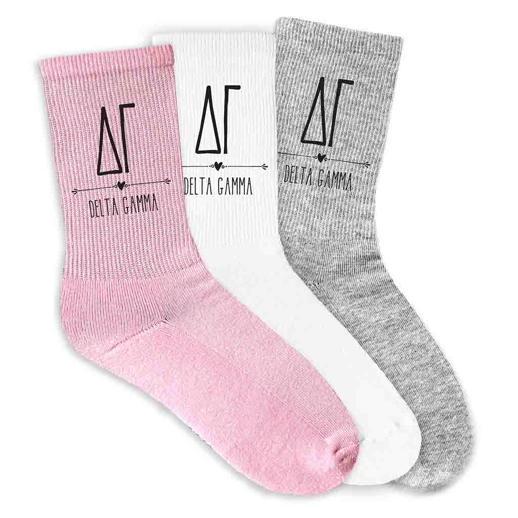 Delta Gamma sorority name and letters digitally printed on crew socks.