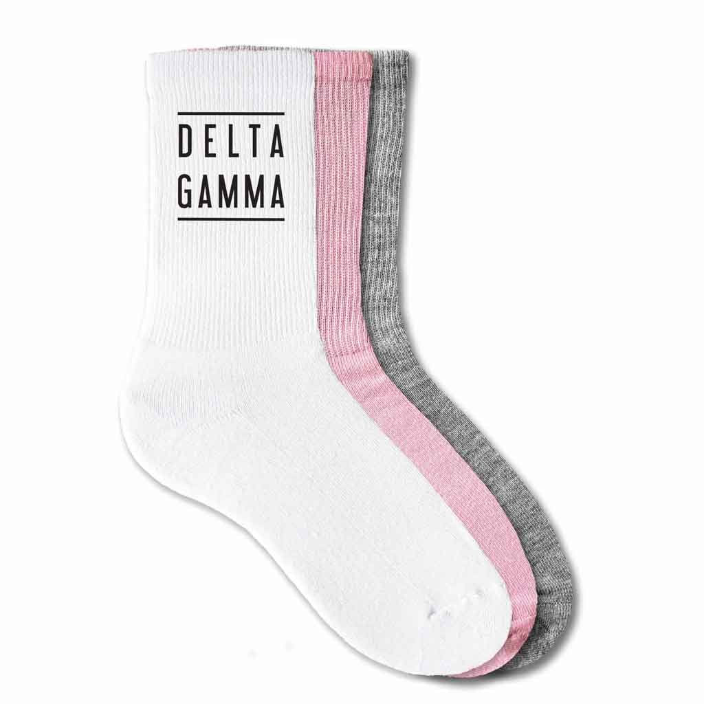 Delta Gamma sorority name digitally printed on crew socks.