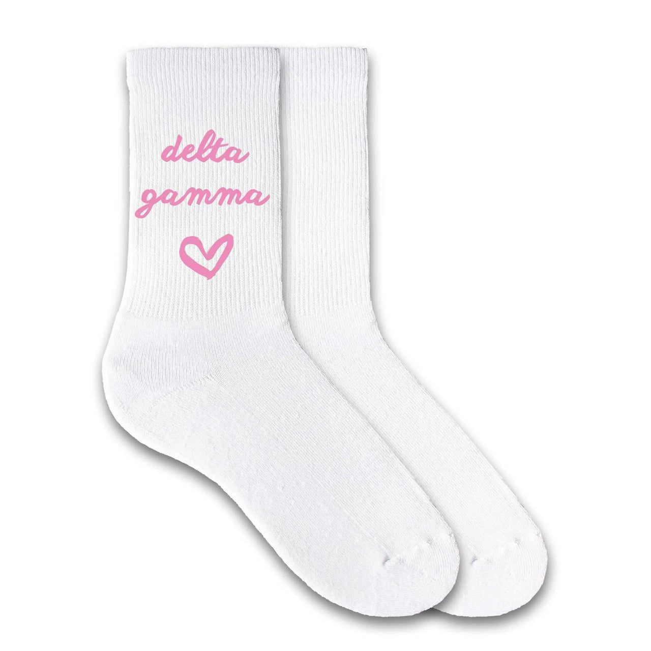 Delta Gamma sorority name with heart design custom printed on white cotton crew socks