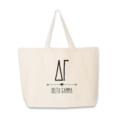 Delta Gamma sorority name and letters digitally printed on canvas tote bag.
