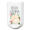 Delta Gamma sorority name and watercolor floral design custom printed on white cotton no show socks