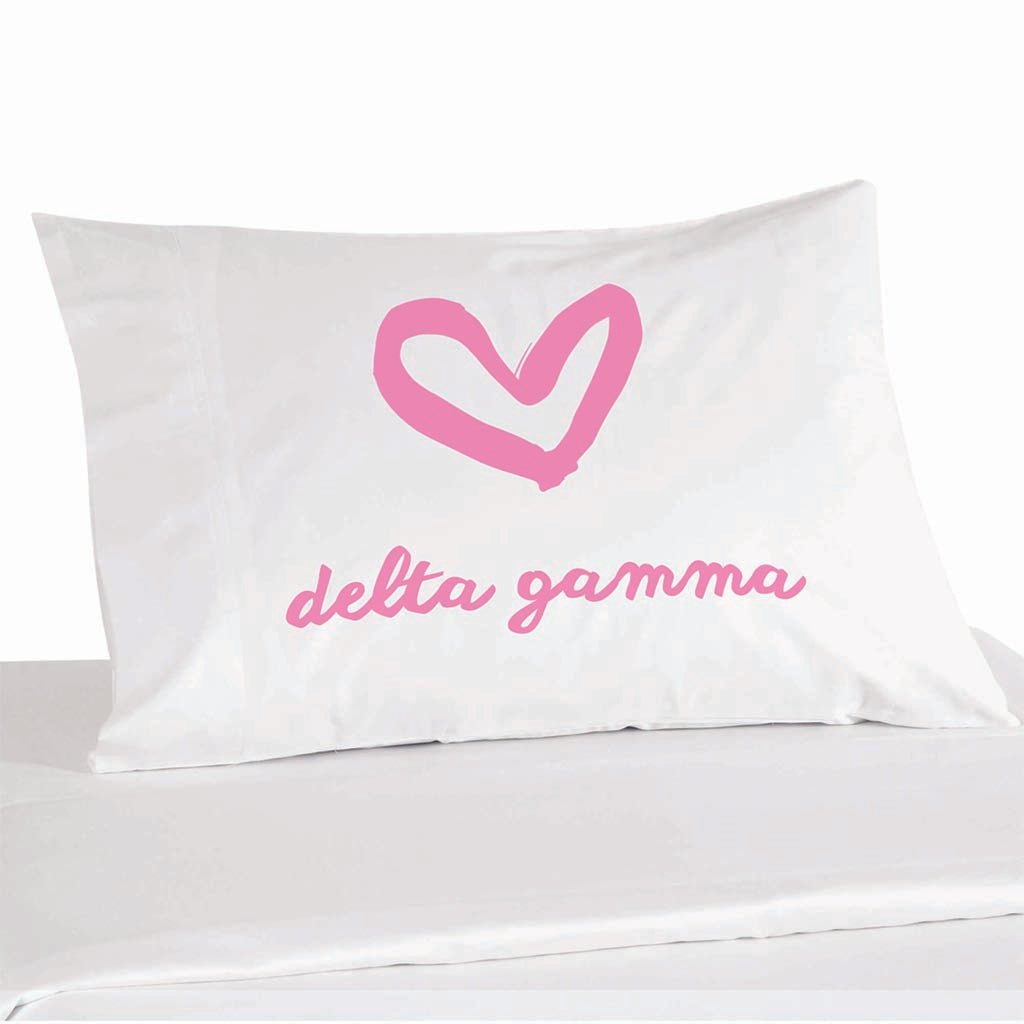 Delta Gamma sorority name with heart design custom printed on pillowcase