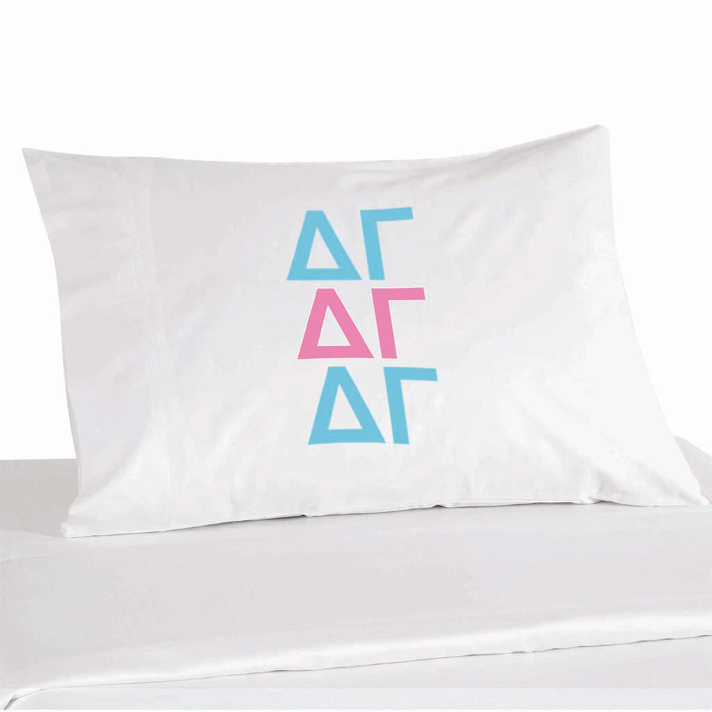 Delta Gamma sorority letters in sorority colors custom printed on pillowcase