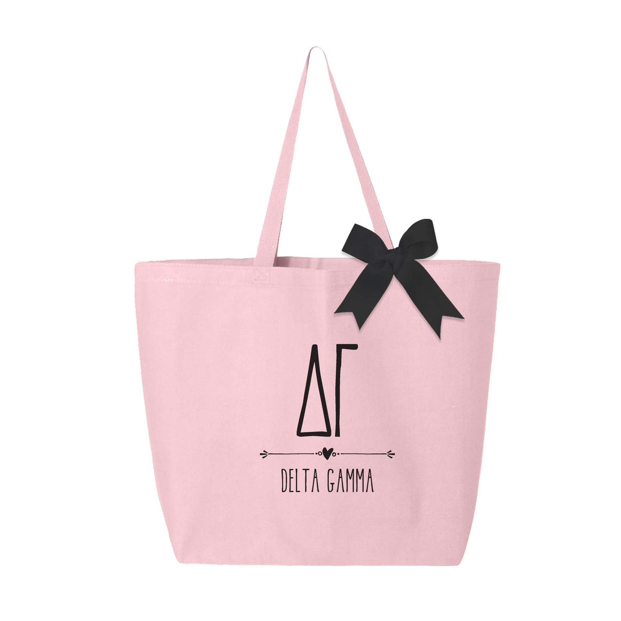 Delta Gamma sorority name and letters custom printed on pink canvas tote bag with black bow