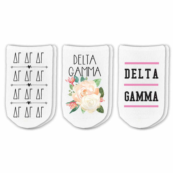 DG sorority footie socks with sorority name, Greek letters and sorority floral design sold as a 3 pair gift set