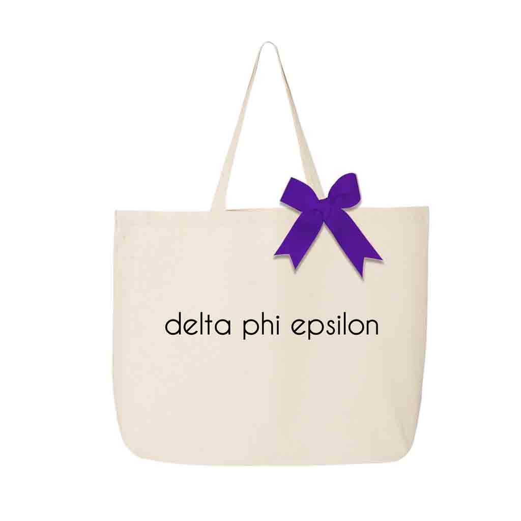 Delta Phi Epsilon sorority name custom printed on canvas tote bag with bow in sorority color