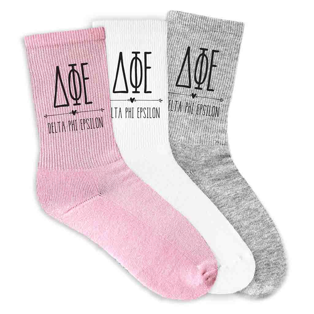 Delta Phi Epsilon sorority name and letters digitally printed on crew socks.