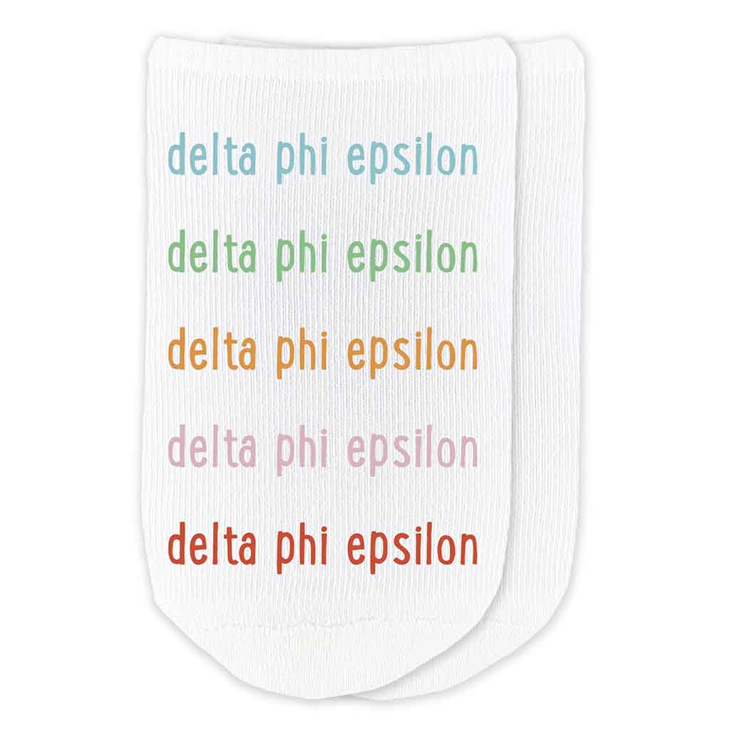 Delta Phi Epsilon sorority name in rainbow letters custom printed on no show socks