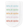 Delta Phi Epsilon sorority name in rainbow letters custom printed on no show socks