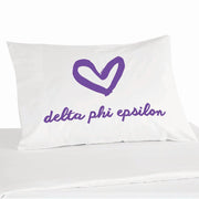 Delta Phi Epsilon sorority name and heart design custom printed on pillowcase