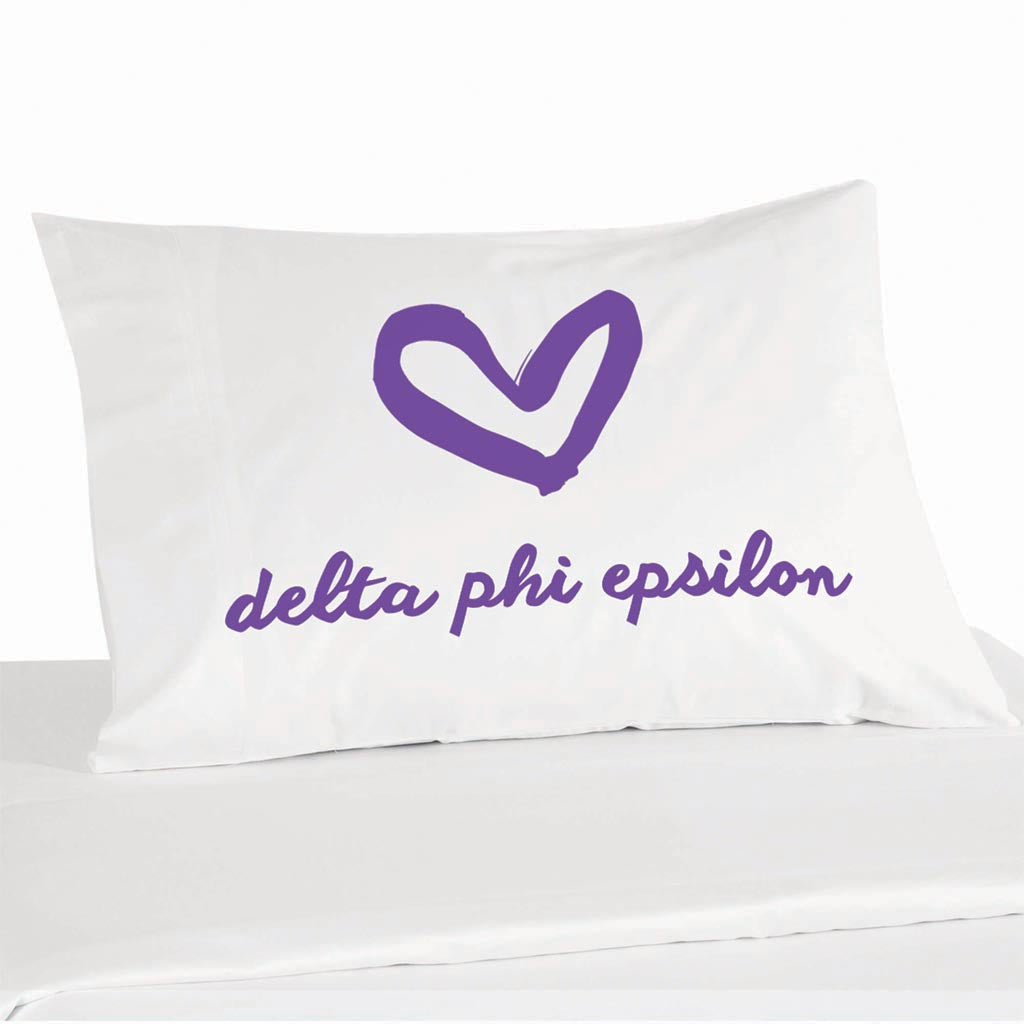 Delta Phi Epsilon sorority name and heart design custom printed on pillowcase