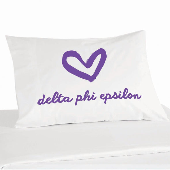 Delta Phi Epsilon sorority name and heart design custom printed on pillowcase
