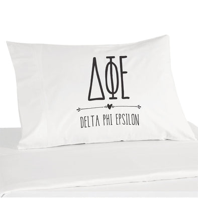 Delta Phi Epsilon sorority name and letters custom printed on white cotton pillowcase