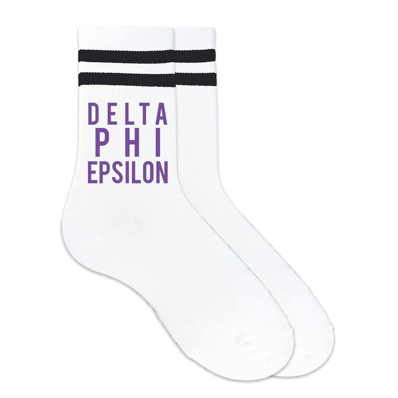 Delta Phi Epsilon sorority name custom printed on black striped crew socks