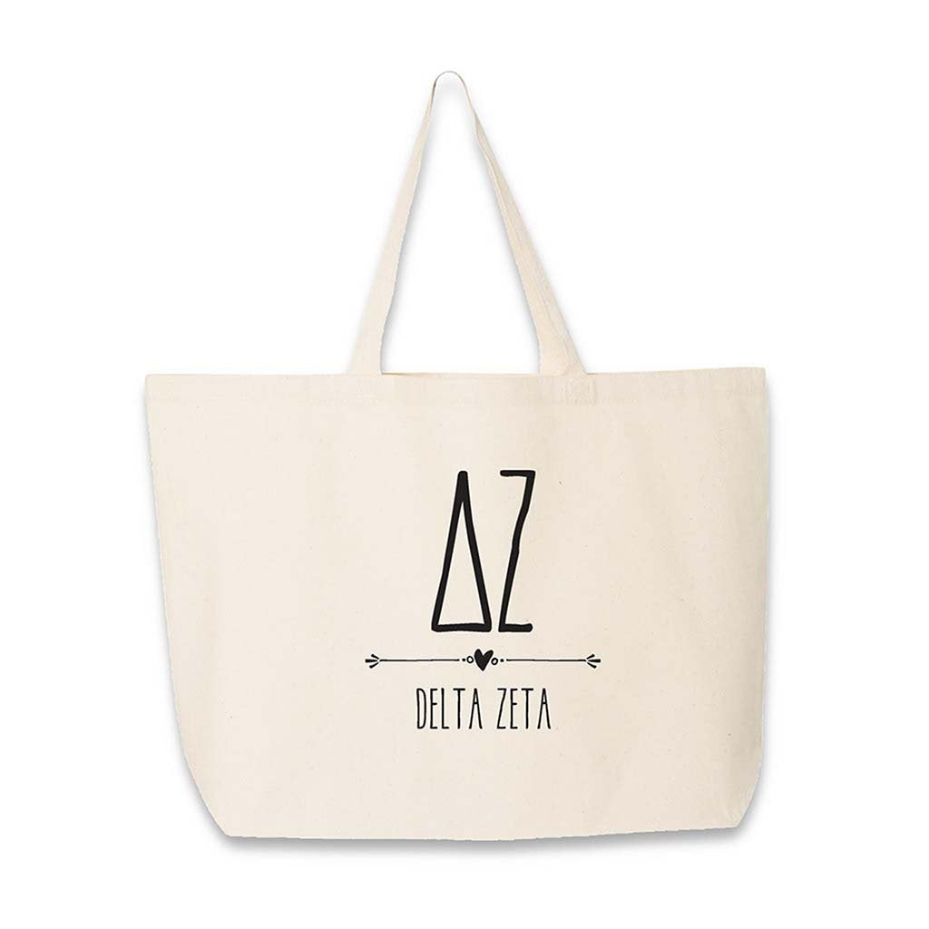 Delta Zeta sorority tote bag with DZ letters and name printed on the cotton canvas bag