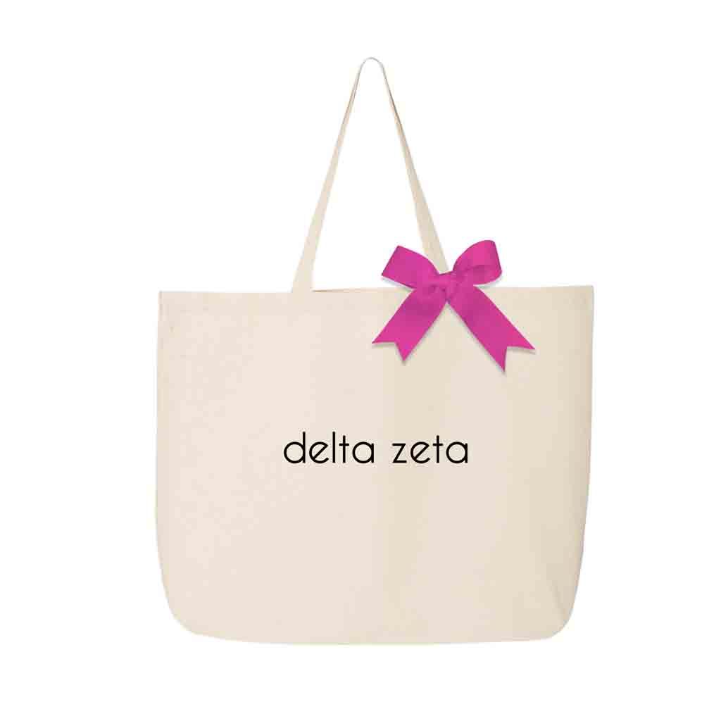 Delta Zeta sorority name with bow in sorority color custom printed on canvas tote bag