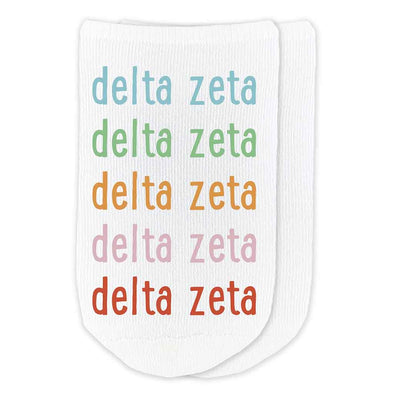 Delta Zeta sorority name custom printed in repeating rainbow letter design on no show socks