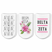 Delta Zeta sorority no show socks with sorority name, Greek letters and sorority floral design sold as a 3 pair gift set