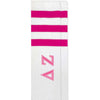 Delta Zeta sorority letters digitally printed in sorority colors on striped knee high socks.