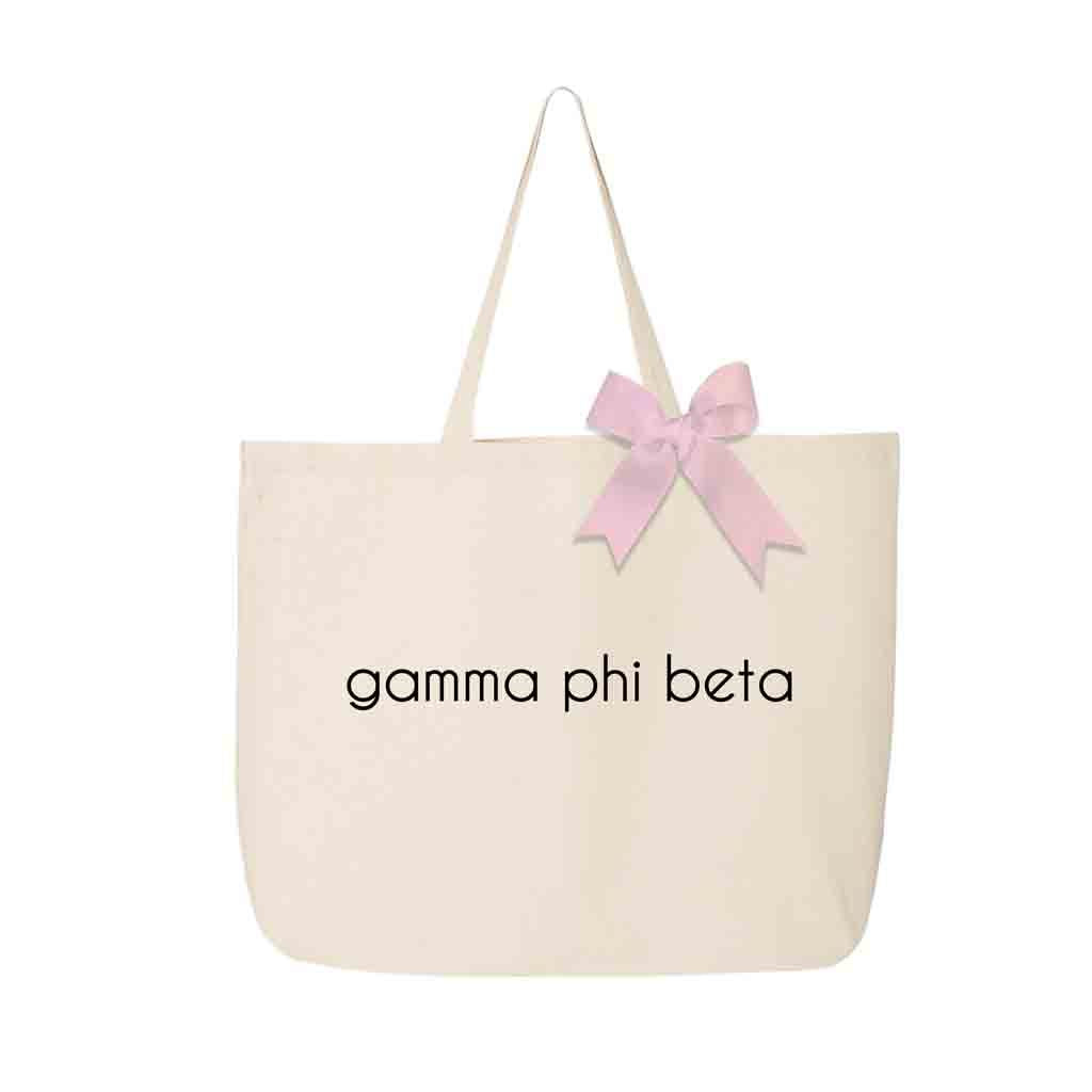 Gamma Phi Beta sorority name custom printed on canvas tote bag with bow