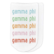 Gamma Phi Beta sorority repeating rainbow letter design custom printed on cotton no show socks
