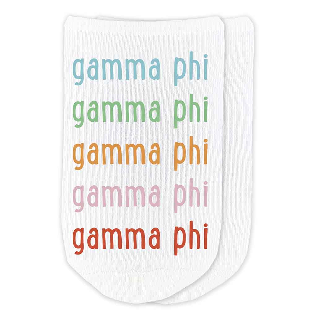 Gamma Phi Beta sorority repeating rainbow letter design custom printed on cotton no show socks