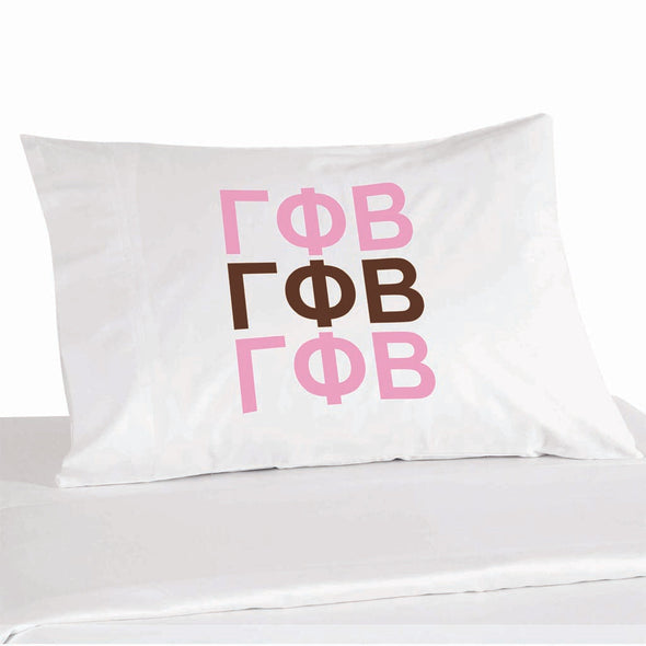 Gamma Phi Beta sorority letters custom printed on pillowcase in sorority colors