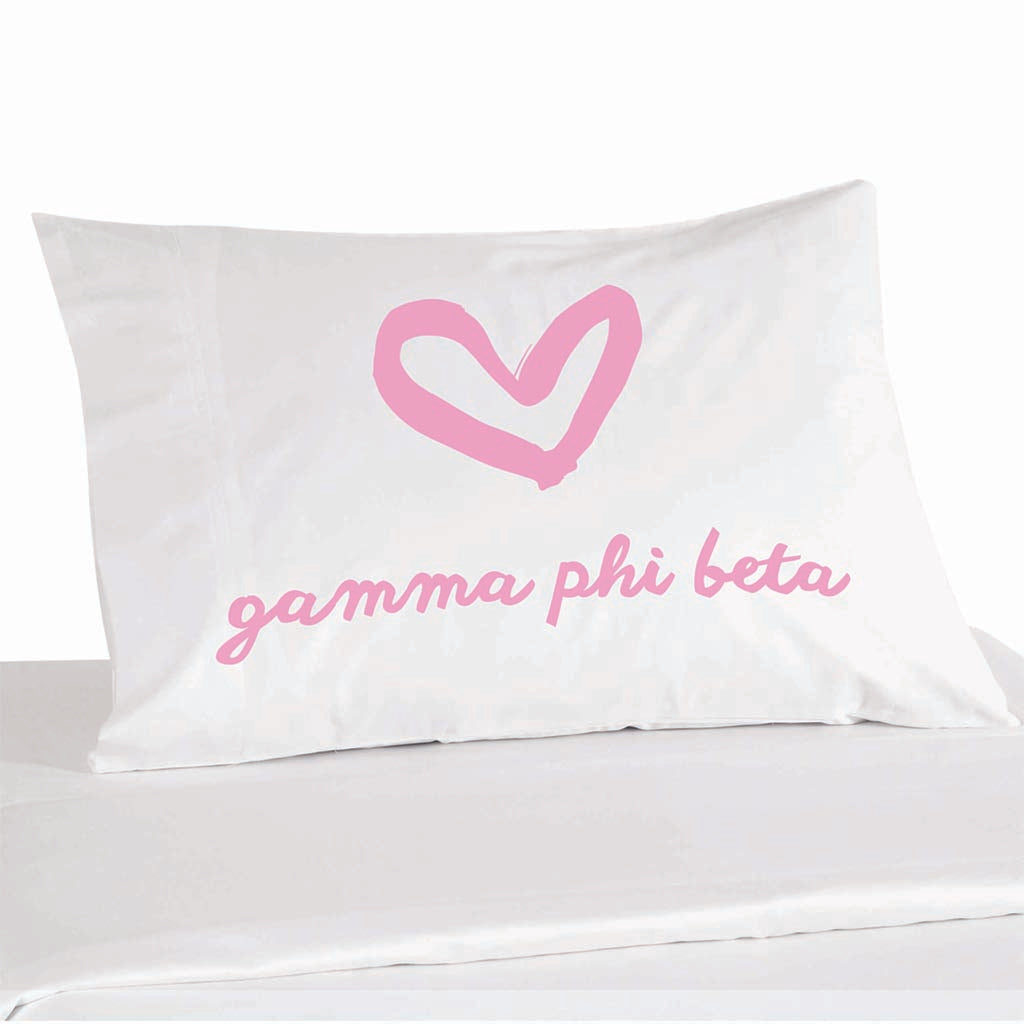 Gamma Phi Beta sorority name with heart design custom printed on pillowcase