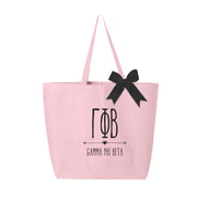 Gamma Phi Beta sorority name and letters custom printed on pink canvas tote bag with bow