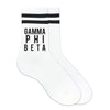 Gamma Phi Beta sorority name custom printed on black striped crew socks