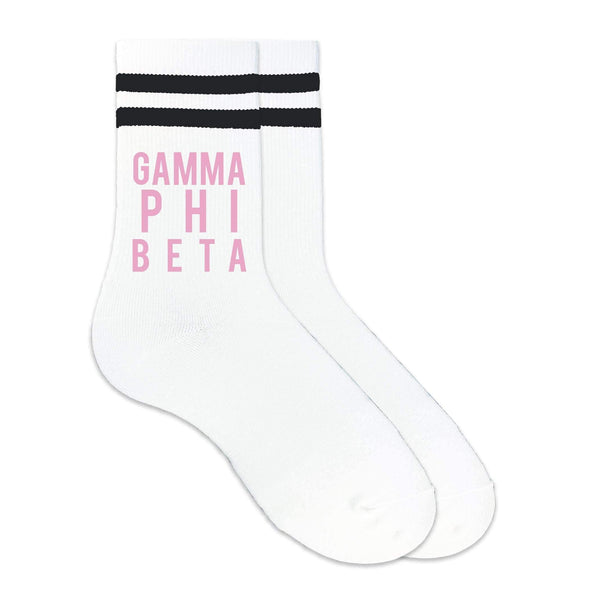 Gamma Phi Beta sorority name custom printed on striped crew socks