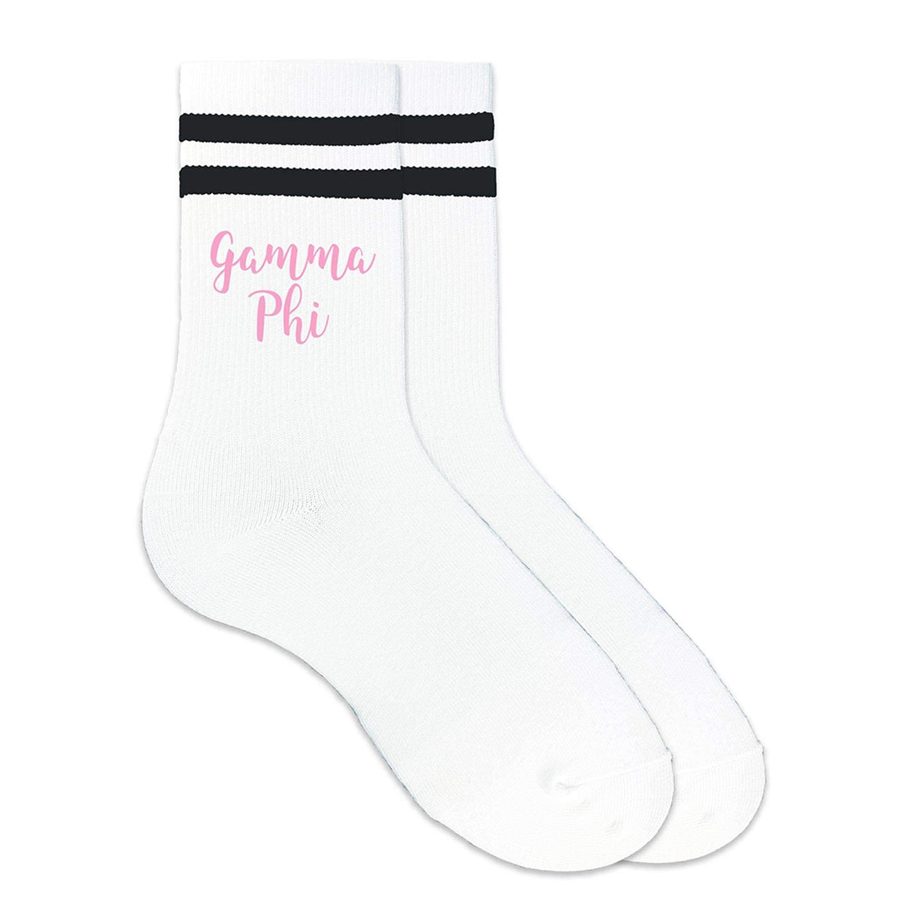 Gamma Phi Beta sorority name custom printed on black striped crew socks