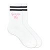 Gamma Phi Beta sorority name custom printed on black striped crew socks