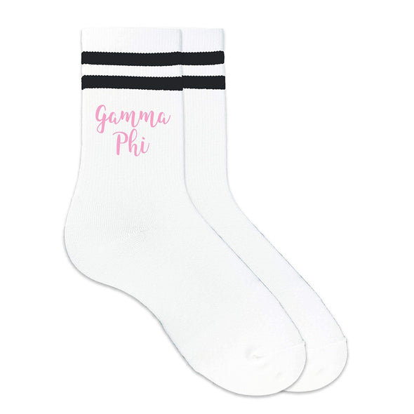 Gamma Phi Beta sorority name custom printed on black striped crew socks