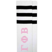 Gamma Phi Beta sorority letters custom printed in pink on cotton black striped knee high socks