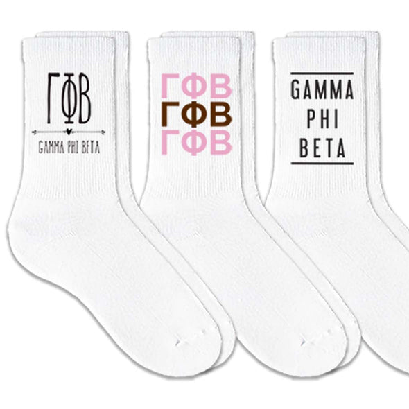 Gamma Phi Beta sorority crew socks with sorority name and Greek letters sold as a 3 pair gift set