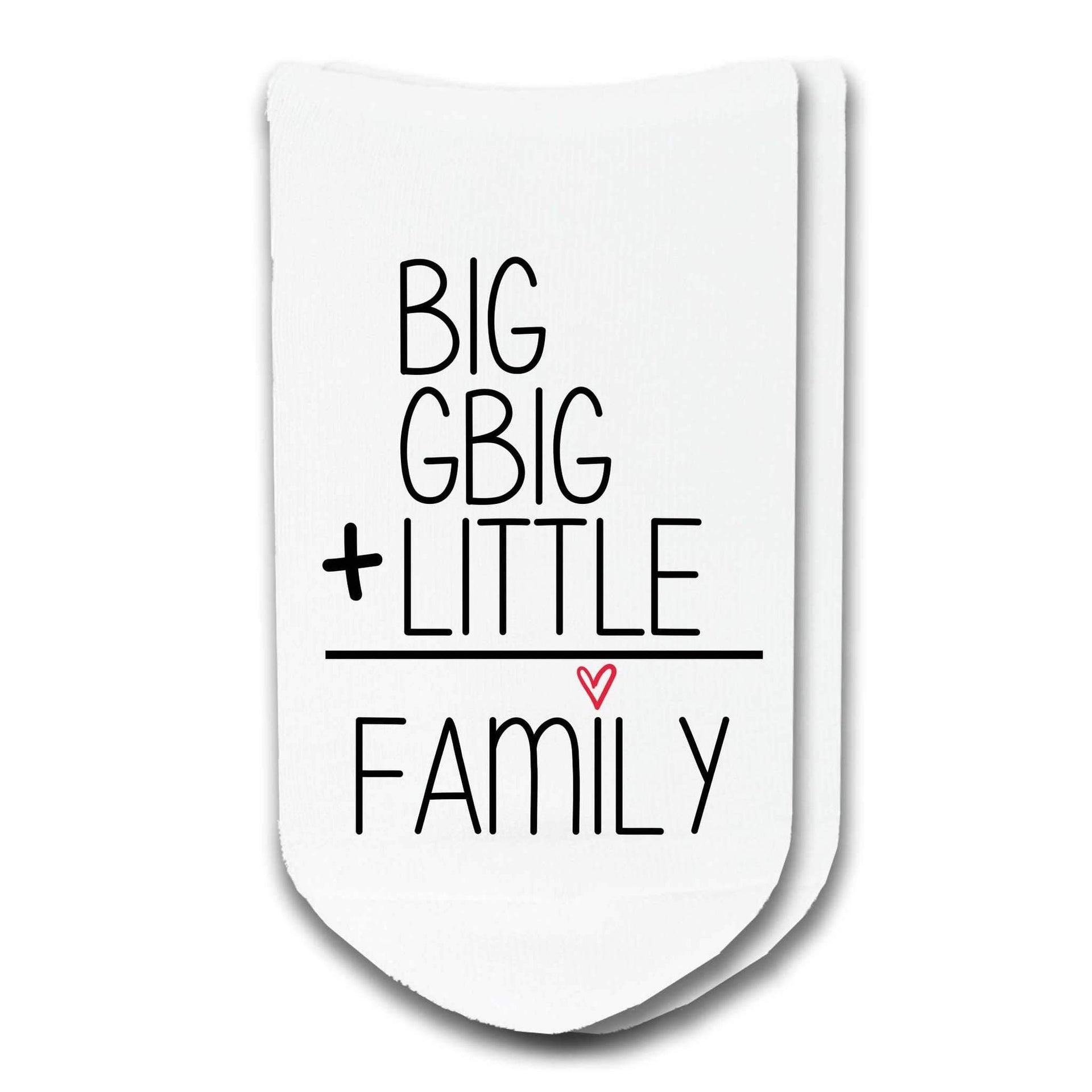 Big, GBIG, Little equals family math equation custom printed on the top of the white cotton no show socks.