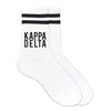 Kappa Delta sorority name custom printed on black striped crew socks
