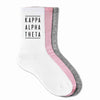 Kappa Alpha Theta sorority name custom printed on cotton crew socks available in white, pink, or heather gray