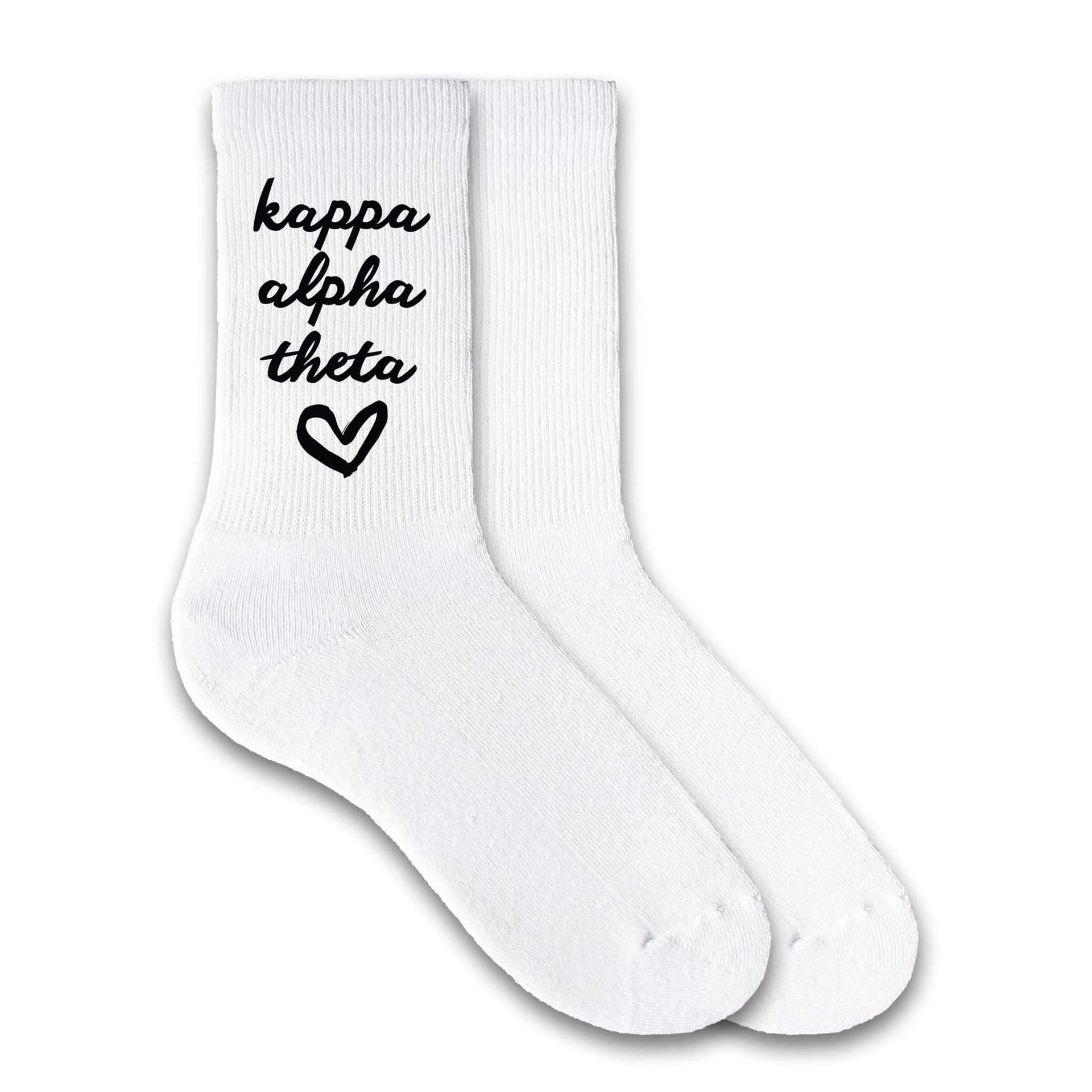 Kappa Alpha Theta sorority name and heart design custom printed on white cotton crew socks
