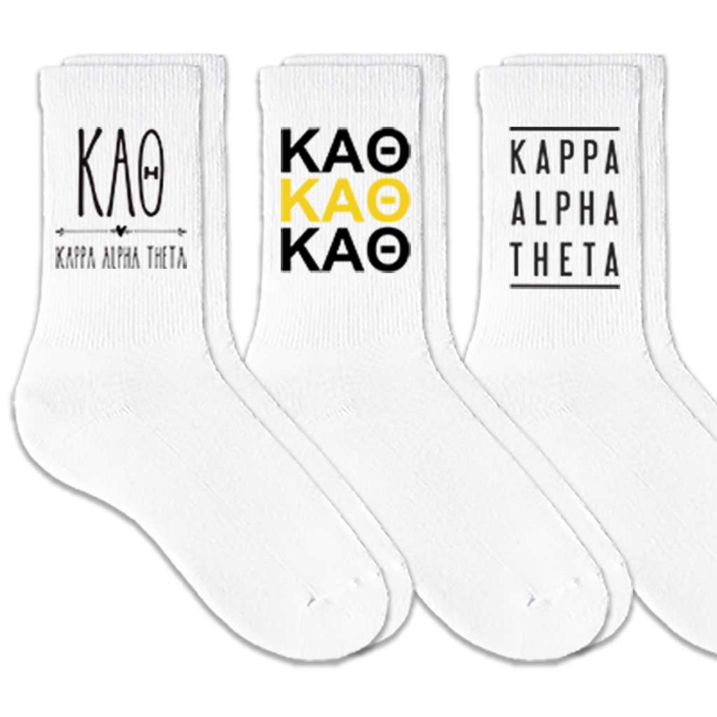 Kappa Alpha Theta sorority crew socks with sorority name and Greek letters sold as a 3 pair gift set