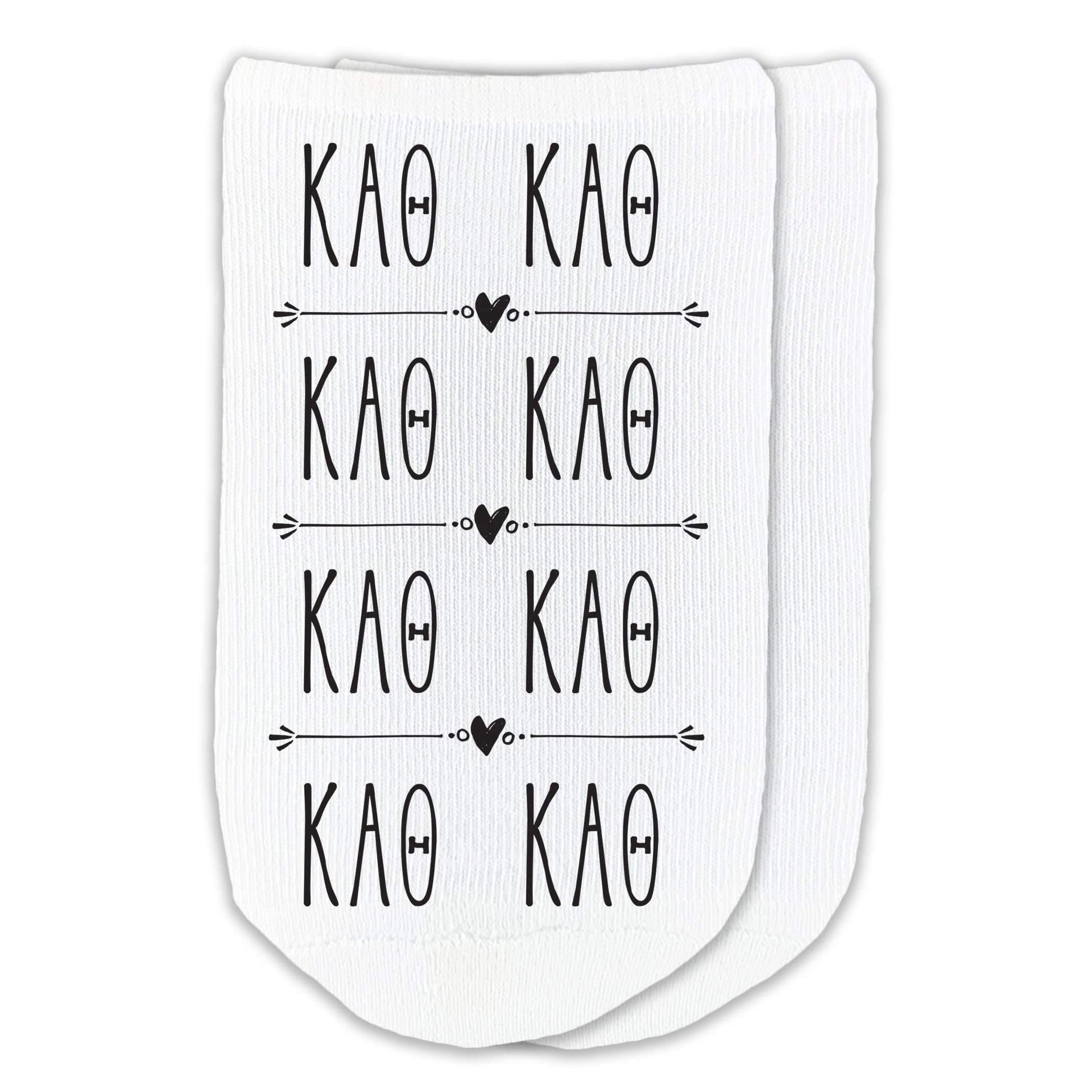 Kappa Alpha Theta sorority letters in repeat boho design custom printed on white cotton no show socks