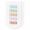 Kappa Alpha Theta sorority custom printed in repeating rainbow letter design on cotton no show socks