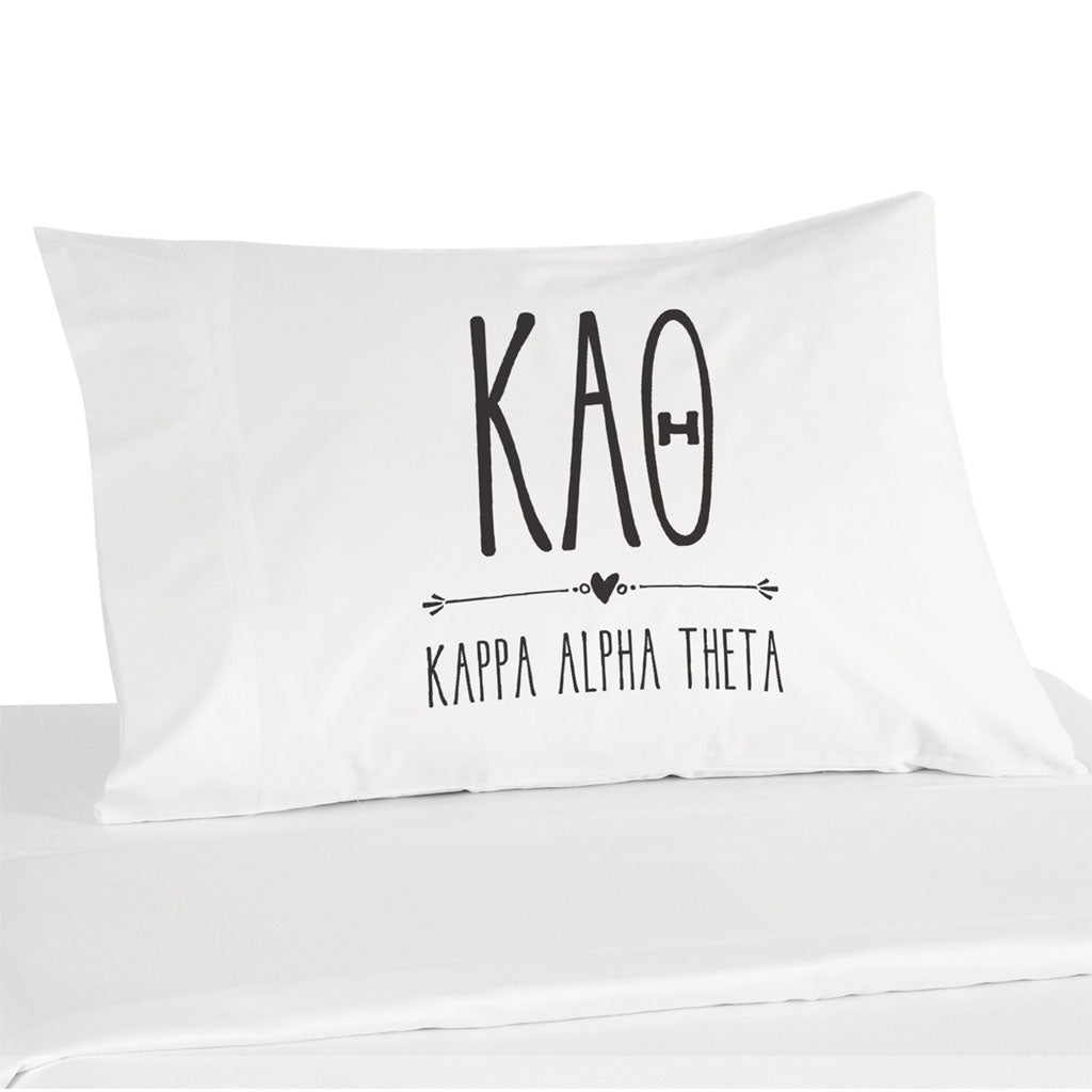 Kappa Alpha Theta sorority name and letters custom printed on white cotton pillowcase