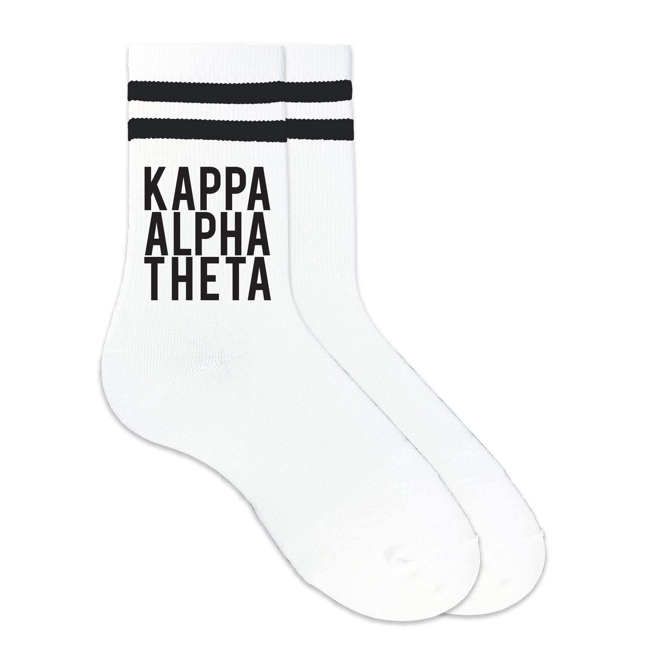 Kappa Alpha Theta sorority name custom printed on black striped crew socks
