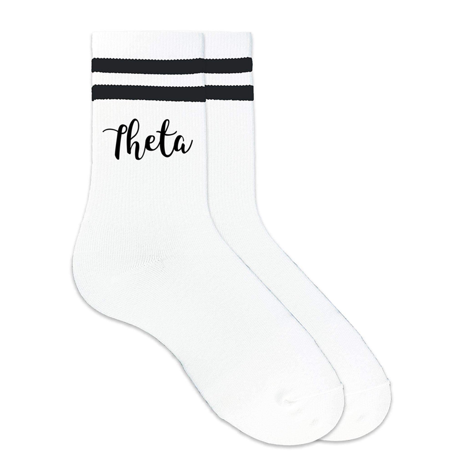 Theta sorority nickname custom printed on black striped crew socks