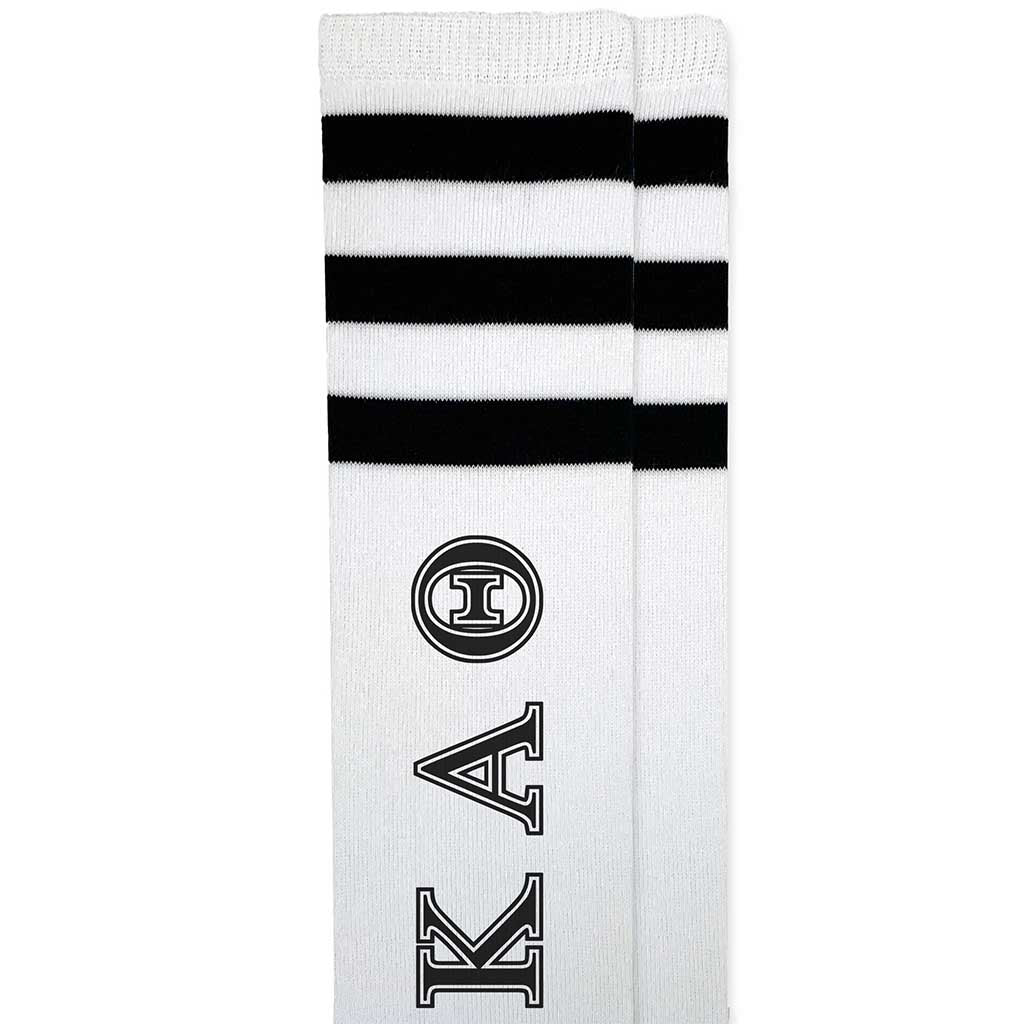 Kappa Alpha Theta sorority letters custom printed in black ink on cotton black striped knee high socks